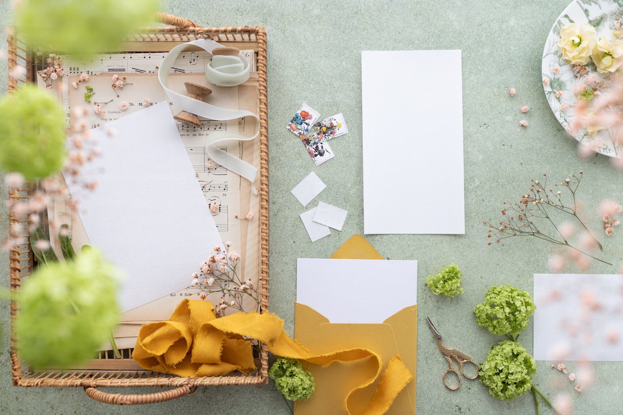 Styled flat lay of wedding stationery, envelopes, and green blooms on a pastel surface.