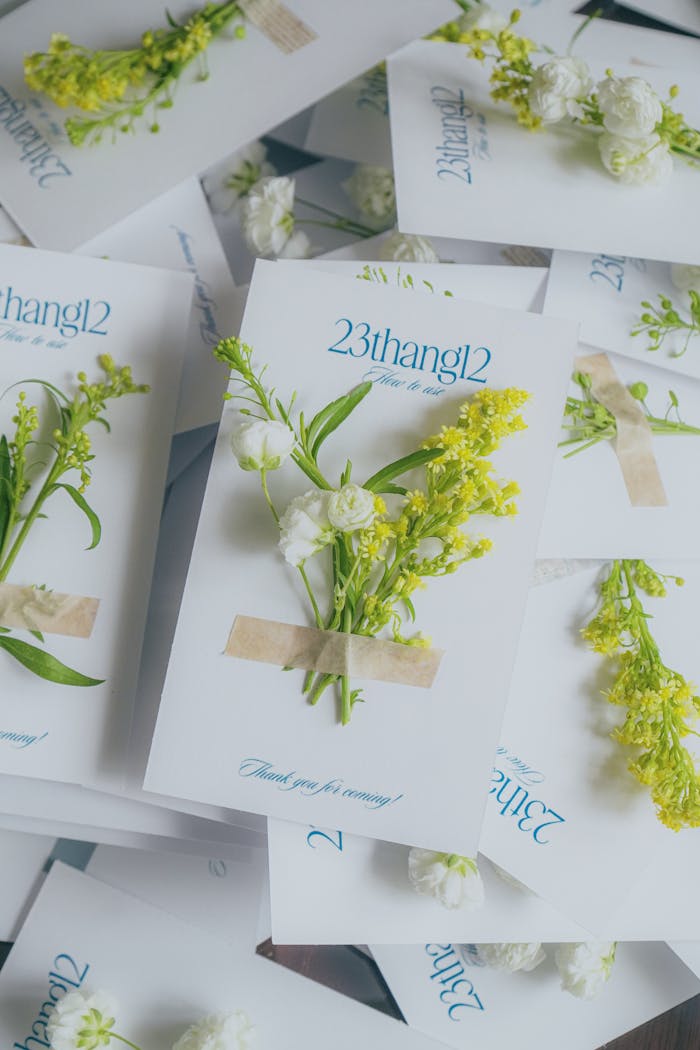Beautiful invitations adorned with white and yellow flowers, perfect for weddings or events.